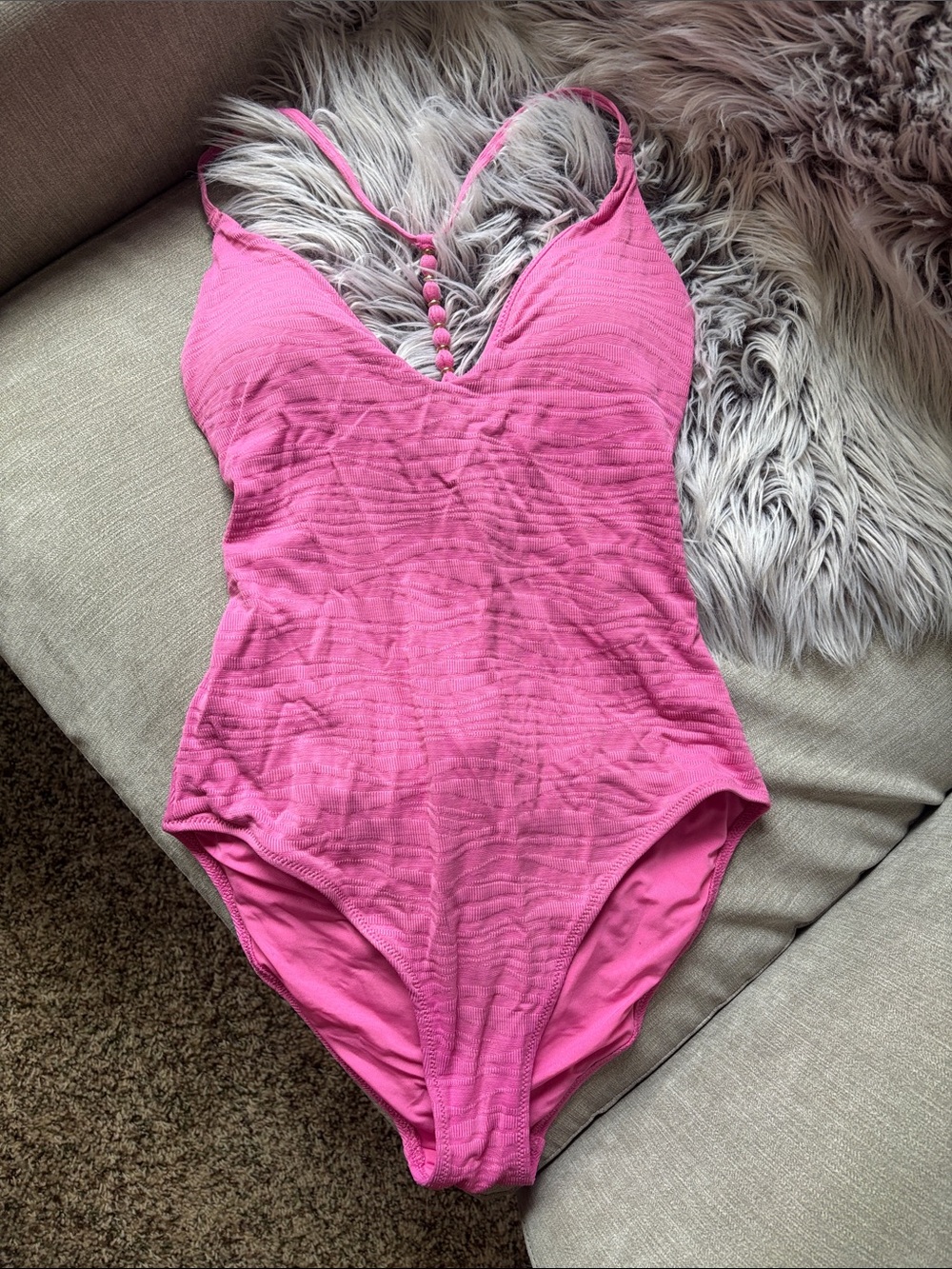 aerie Pink One-Piece Swimsuit with Beaded Front Detail